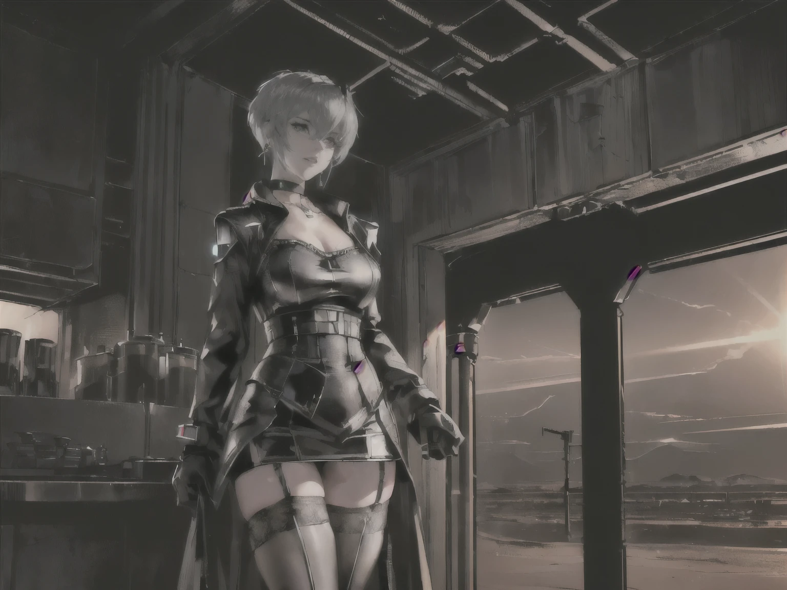 (((best quality, 4k, 8k, highres, masterpiece:1.2, ultra-detailed, realistic, photorealistic, photo-realistic:1.37, dramatic lighting, moody, high contrast, cinematic, intricate details))), (((female: Oil drilling,Hair: buzz cut, Clothing: Work clothes, Accessories: silver hoop earrings and a black choker necklace,Garter Stockings))),((cyber punk)),(((Place:In the vast desert))),(((A black column of crude oil erupts from the earth)))