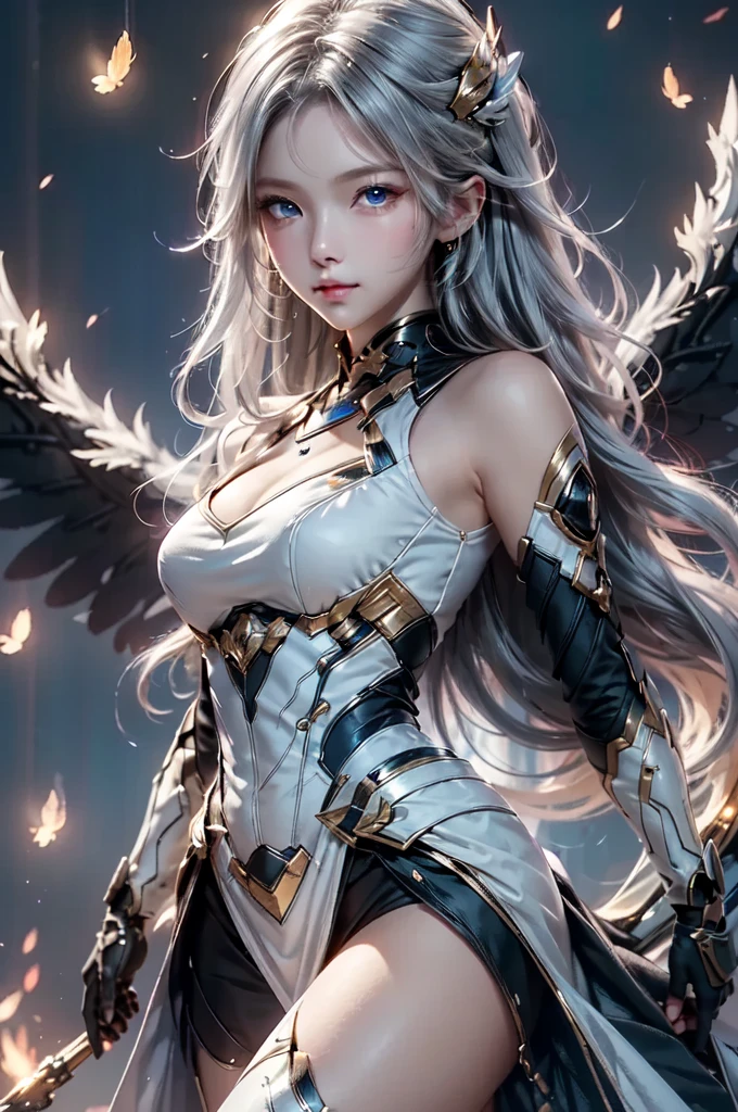 2.8D illustration, masterpiece, (highest quality: 1.2), (super fine: 1.2), figure, (very delicate and beautiful: 1.2), film angle, floating, (beautiful detail eyes: 1.1), (detail light: 1.1), film light, delicate sky, fantasy, sci-fi battlefield, 1girl, white hair, hair ornament, Deep Blue Eyes, medium breasts, shiny skin, mechanical wing, float in the sky, fly in the sky, cloud, Light particles.
