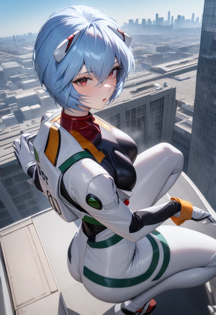 Tight combat uniform, Rei Ayanami,   blue short hair  , White suit, Ready to land on the rooftop heliport of a skyscraper,  high detail, masterpiece, Best Quality,  are so beautiful,  absurd, 