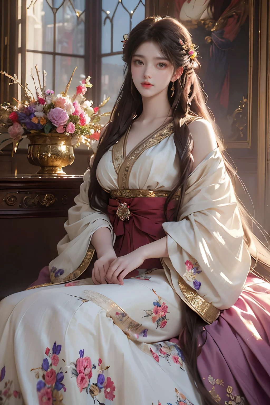 (Best quality,8K,A high resolution,Masterpiece:1.2),Ultra-detailed,(Realistic,Photorealistic,photo-realistic:1.37),Portrait,Creative style artwork,Historical,classical,Sophisticated,plethora of colors,Highly detailed,Soft lighting,luxurious environment,detailed gown,Vibrant flowers,detailed jewellery,Ethereal atmosphere,Elegant Pose,red dress,Graceful curves,Gold body proportions,Flowing hair,Breathtaking textile patterns,Harsh purple eyes,Delicate floral decoration,A dazzling array of crystal accessories,Mysterious and dreamy atmosphere,Impeccable attention to detail.