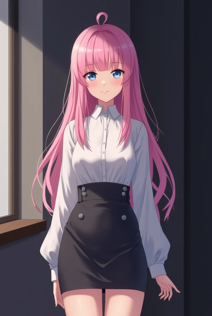 (masterpiece),(best quality:1.5),(highres), wallpaper 8k, detail skin, detail face, detail eyes, Very fine image details,Soft light,1girl, solo, pink hair, long hair,Blunt bangs,blue eyes, medium breasts, standing, upper body, room,indoor, simpel blackground, interior,anime,Focus on character, Shirt, Long sleeve, Pencil skirt, Short skirt,