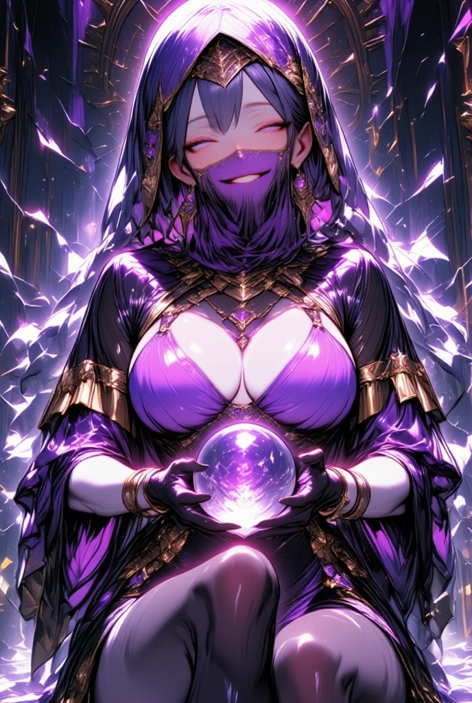 1 mature woman,,(Highest quality,Extremely detailed depiction,Incredibly absurd high resolution,Anatomically accurate depiction,Curvy Legs),(Glowing Skin,Shiny skin),(Glowing Skin,Shiny skin,Oilskin),(Sexy fortune teller),(A face veil that hides the mouth:1.5),(Luxurious accessories,Earrings,necklace,Bracelet,Long gloves,Sexy Costumes,See-through,black tights),eyelash,A little sweat,(Purple Eyes,Detailed pupil,Half-closed eyes:1.5,Crazy Eyes,There is cleavage in the chest,Bewitching Smile,glossy purple lipstick),(Holding a mysteriously glowing crystal ball),background:Fortune Telling House,Mysterious atmosphere