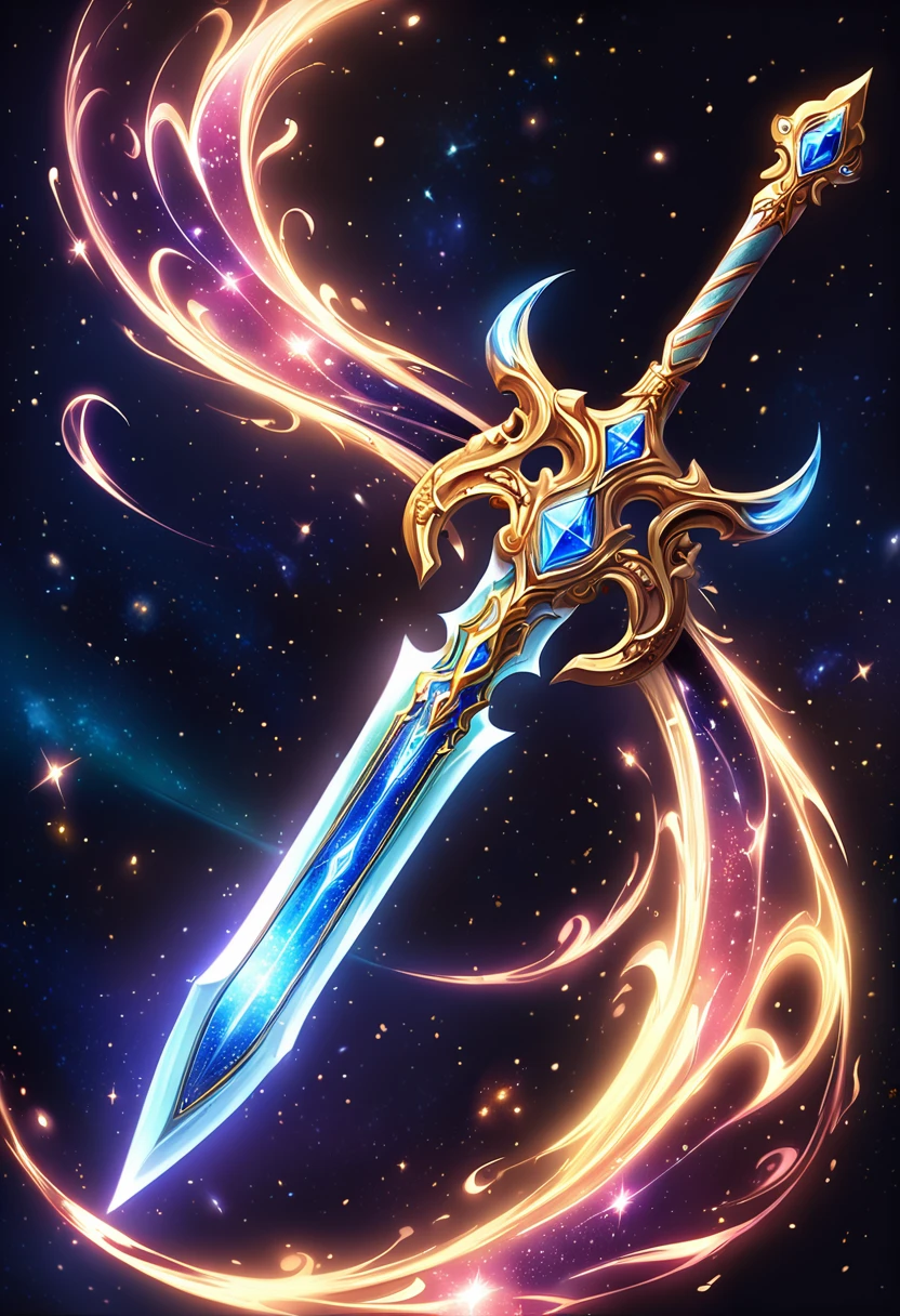 A legendary sword, the Celestial Blade of Elysium, floating in mid-air, glowing with a faint ethereal light. The sword is crafted from a rare, shimmering metal that appears almost translucent, embedded with swirling galaxies within the blade itself. The hilt is adorned with intricate engravings of ancient runes, encrusted with a radiant gemstone that glows a mystical blue. Wisps of cosmic mist surround the blade, giving it a celestial, enchanted aura. Behind the sword, stars and nebulae cast a faint glow, enhancing the weapon’s divine and otherworldly presence. The handle is wrapped in black leather, yet it shines as if dusted with stardust, exuding a sense of power and wisdom, as if forged in the heart of a distant galaxy. High-resolution, hyper-detailed, with dramatic lighting that emphasizes every ornate detail of the legendary weapon