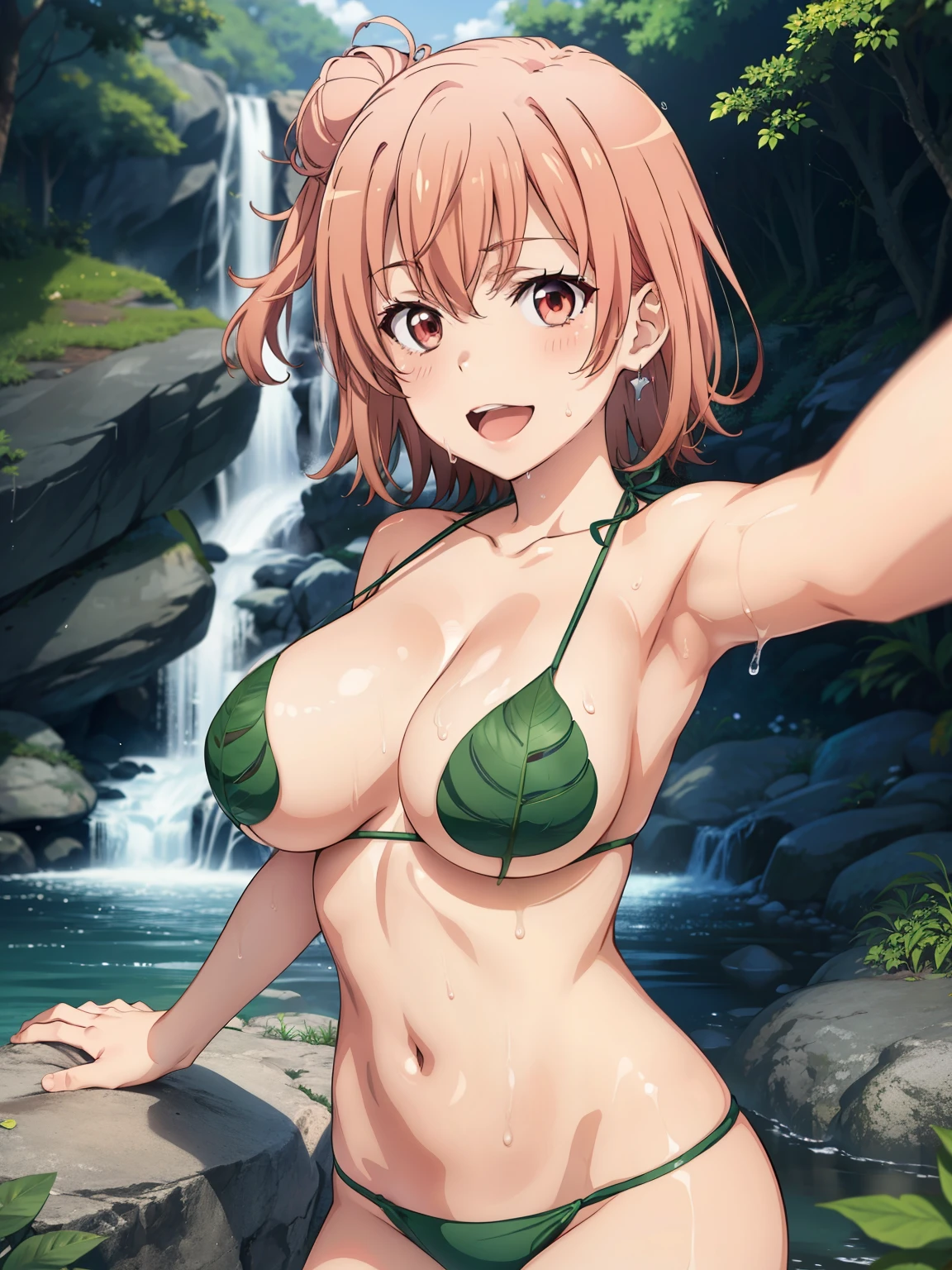 ((Best Quality,  high resolution on down,   Perfect Pixel ,  4K)),  ( Beautiful Anime Girl ),  The Depth of Written Boundaries、
 I feel the audience , 
 perfect body , 

yuigahama yui,  single hair bun, 

(Big Breasts:1.3)、

leaf bikini, 
uninhabited island、forest、rock、waterfall、
sunlight、 splashes、

smile、 open your mouth 、sweat、
Selfie、