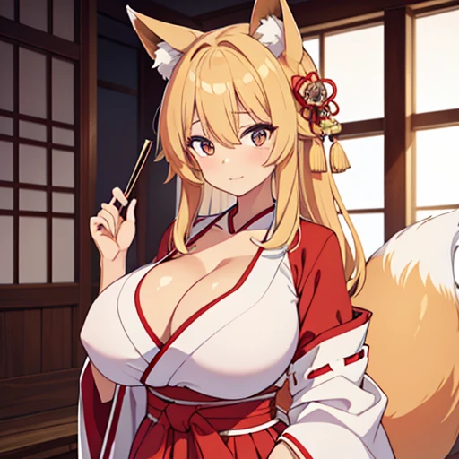 (masterpiece, best quality:1), 1girl, fox girl, fox ears, fox tails, blonde hair, golden eyes, {dark skin, shiny skin, },  huge breasts, deep cleavage, miko closing, traditional Japanese shrine maiden outfit, white kimono top with red hakama pants, red cord hair accessory typical of shrine maidens, voluptuous figure in clothing, upper body, li face, short stature, 