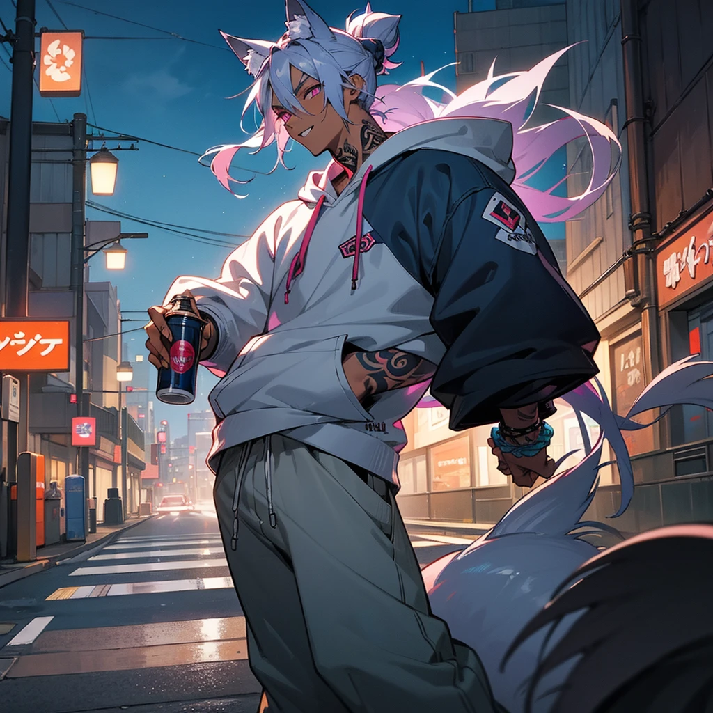 1male,  adult, dark skin, finely detailed plum eyes, messy top bun, wild long hair, grey hair color with blue highlights, designer hoodie, baggy pants, standing on street, night time, tokyo streets, excited expression, muscular, tattoos, holding soda In hand, wolf ears, wolf tail, backwards baseball cap