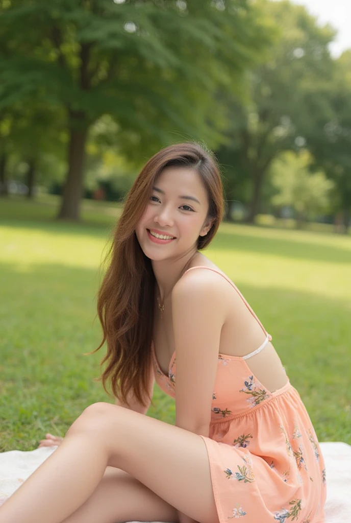 A Thai woman with long wavy brown hair, sitting on a picnic blanket in a park, wearing a peach-colored sundress with thin straps and a floral pattern, smiling warmly, with legs to the side, leaning slightly back, surrounded by green grass and trees under soft daylight.