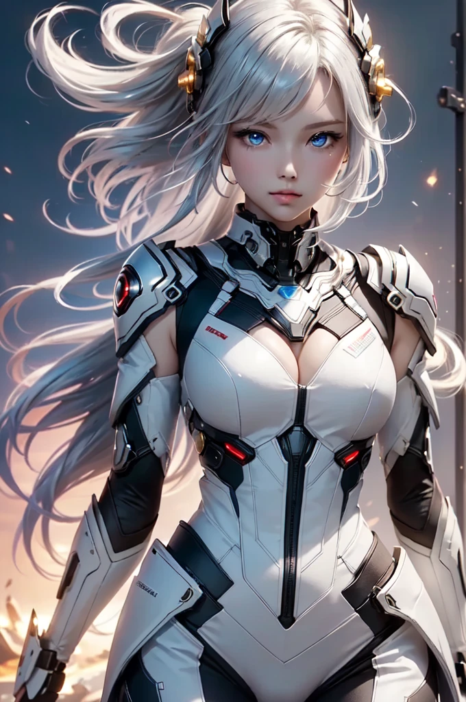 2.8D illustration, masterpiece, (highest quality: 1.2), (super fine: 1.2), figure, (very delicate and beautiful: 1.2), film angle, floating, (beautiful detail eyes: 1.1), (detail light: 1.1), film light, delicate sky, fantasy, sci-fi battlefield, 1girl, white hair, mechanical hair ornament, mechanical suit, Deep Blue Eyes, medium breasts, shiny skin, mechanical wing, float in the sky, fly in the sky, cloud, Light particles.
