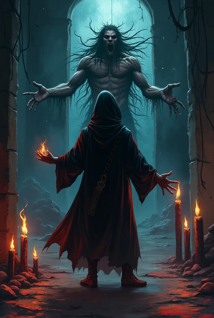 a witch casts a spell on a man and transforms him into a sexy naked woman. She has a shocked look on her face. Before and after image
