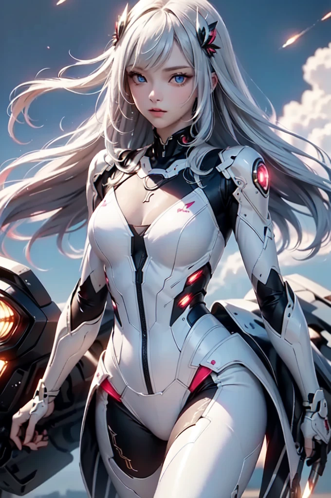 2.8D illustration, masterpiece, (highest quality: 1.2), (super fine: 1.2), figure, (very delicate and beautiful: 1.2), film angle, floating, (beautiful detail eyes: 1.1), (detail light: 1.1), film light, delicate sky, fantasy, sci-fi battlefield, 1girl, white hair, mechanical hair ornament, mechanical suit, Deep Blue Eyes, medium breasts, shiny skin, mechanical wing, float in the sky, fly in the sky, cloud, Light particles.
