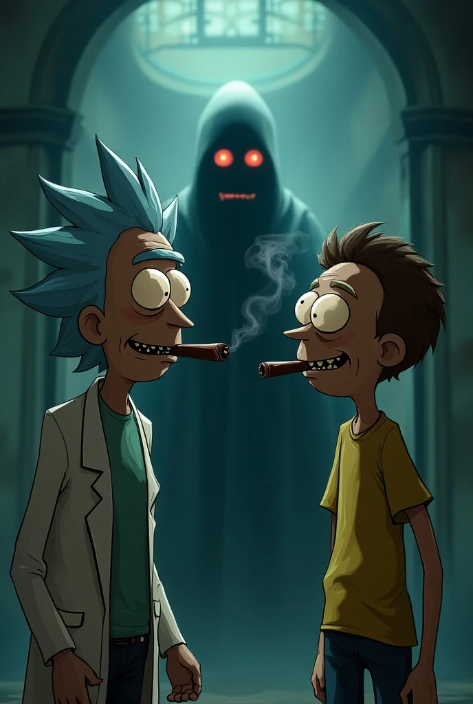 Rick and Morty are smoking cigars, their eyes are black and they're watching Vlad A4
