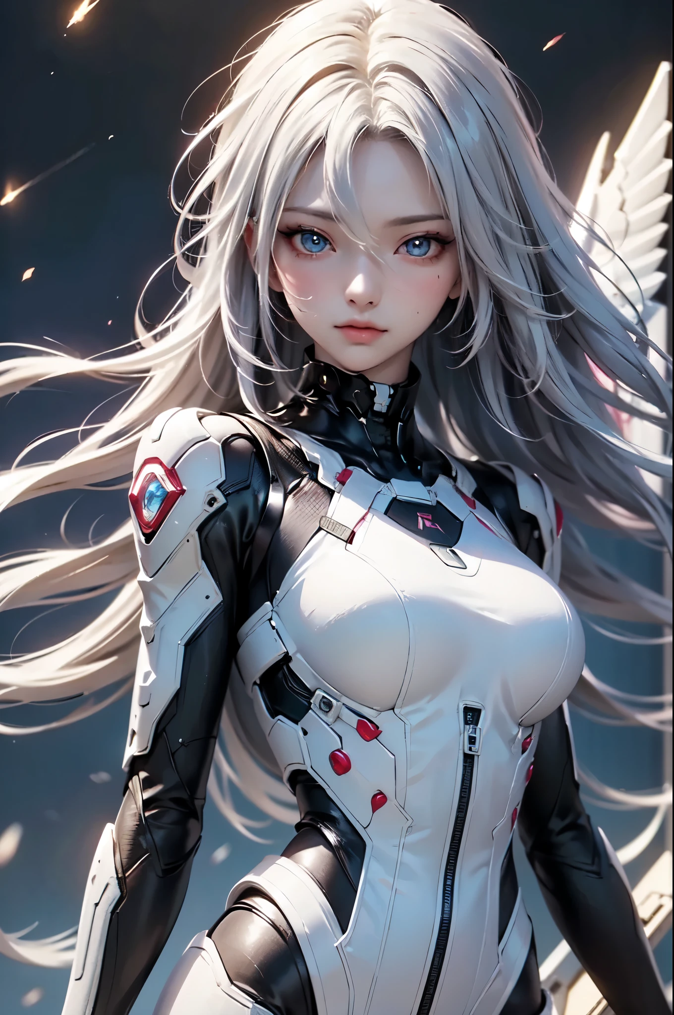 2.8D illustration, masterpiece, (highest quality: 1.2), (super fine: 1.2), figure, (very delicate and beautiful: 1.2), film angle, floating, (beautiful detail eyes: 1.1), (detail light: 1.1), film light, delicate sky, fantasy, sci-fi battlefield, 1girl, white hair, mechanical hair ornament, mechanical suit, Deep Blue Eyes, medium breasts, shiny skin, mechanical wing, float in the sky, fly in the sky, cloud, Light particles.
