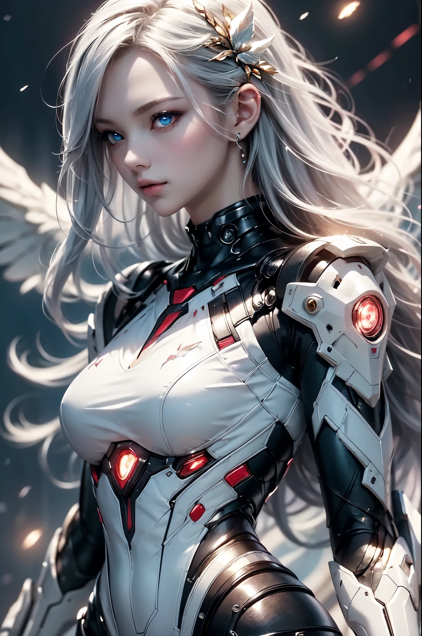 2.8D illustration, masterpiece, (highest quality: 1.2), (super fine: 1.2), figure, (very delicate and beautiful: 1.2), film angle, floating, (beautiful detail eyes: 1.1), (detail light: 1.1), film light, delicate sky, fantasy, sci-fi battlefield, 1girl, white hair, mechanical hair ornament, mechanical suit, Deep Blue Eyes, medium breasts, shiny skin, mechanical wing, float in the sky, fly in the sky, cloud, Light particles.
