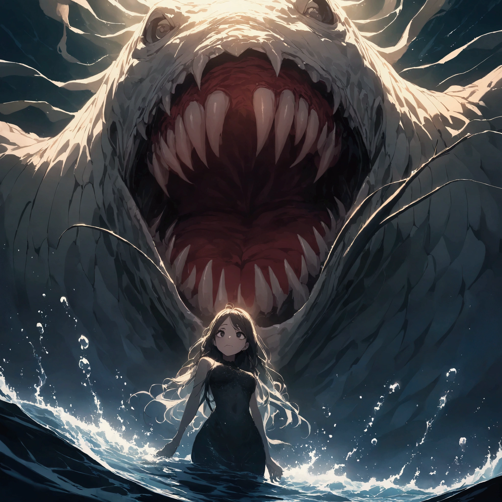 Deep in the ocean, a scary sexy mermaid approaches. Much like an angler fish she has a glowing lure dangling from her forehead, huge dark eyes, and an enormous toothy mouth