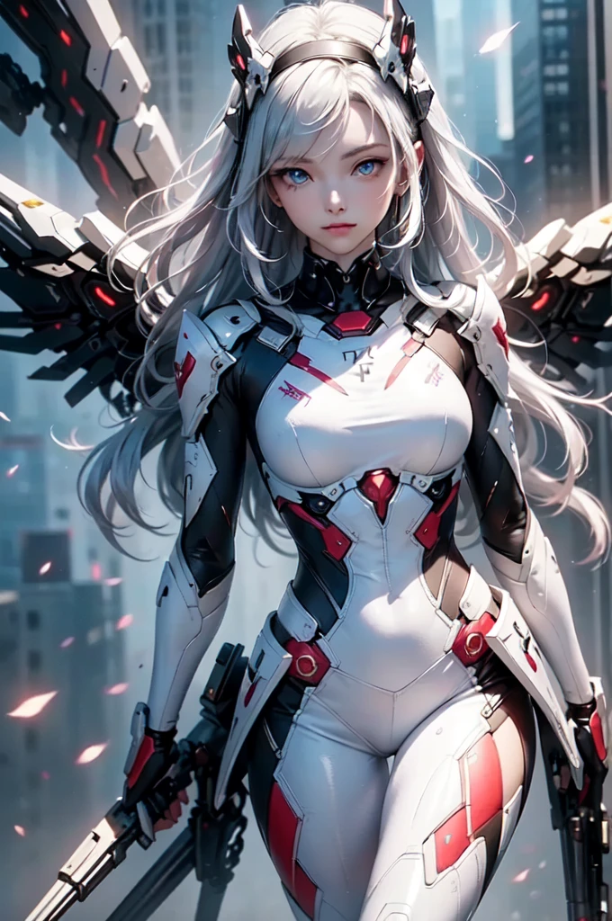 2.8D illustration, masterpiece, (highest quality: 1.2), (super fine: 1.2), figure, (very delicate and beautiful: 1.2), film angle, floating, (beautiful detail eyes: 1.1), (detail light: 1.1), film light, delicate sky, fantasy, sci-fi battlefield, 1girl, white hair, mechanical hair ornament, headgear, mechanical suit, Deep Blue Eyes, medium breasts, shiny skin, mechanical wing, float in the sky, fly in the sky, cloud, Light particles.
