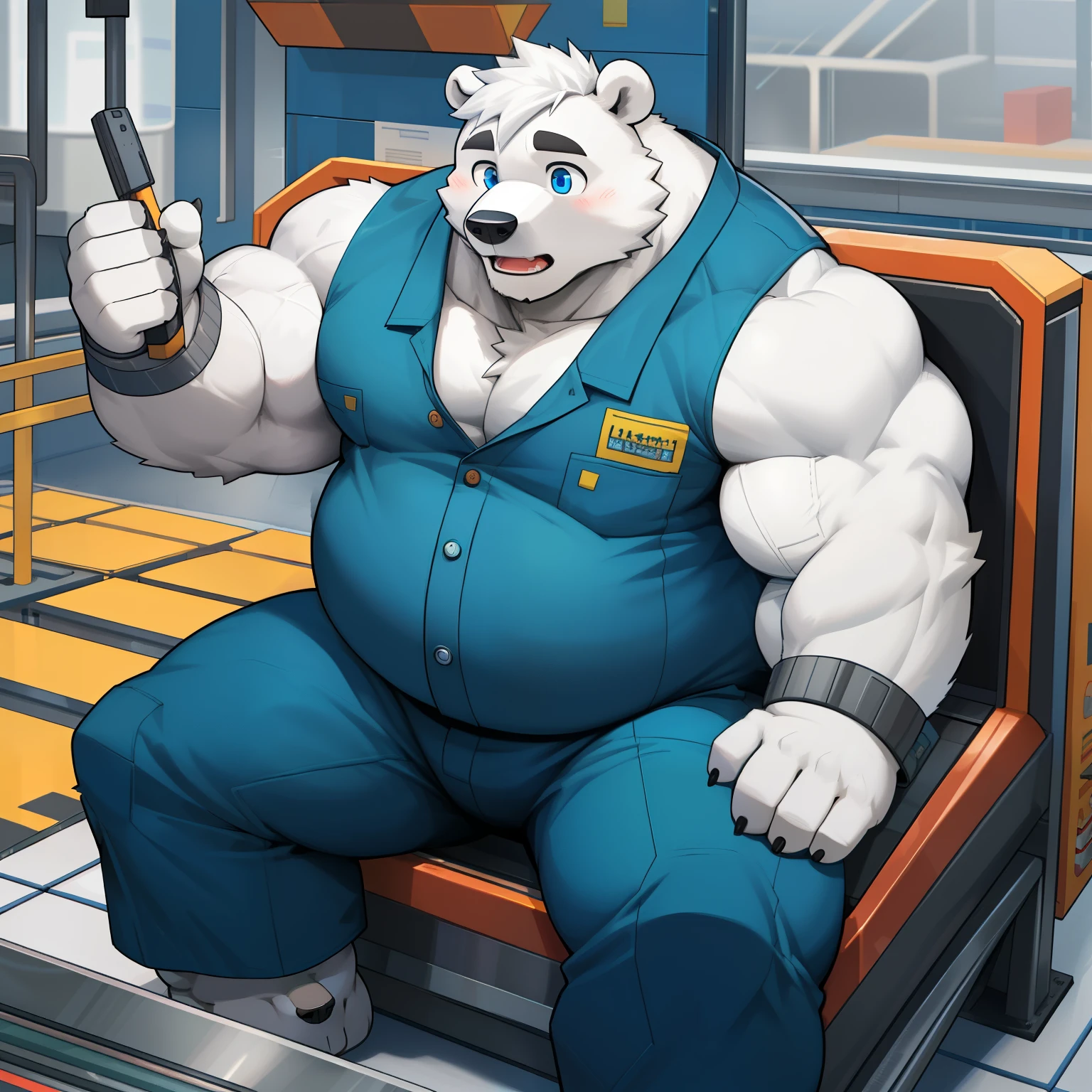 masterpiece, best quality, 8k resolution, Very detailed, hairy,(((polar bear)),(((Mature))),(((beard))),(((fat))),(((White hair all over body))),(((portrait))),(((White hair))),(((Toy factory))),For the audience,(((Worker clothing))),(((assembly line))),(((surprised))),Highest quality scene,(((whole body))),((( Blue Eyes))),(((Work while sitting))),(((Fat-enclosed muscle))),(((Round face))),(((alone))),(((Strong body))),(((conveyor belt))),(((toy model)))