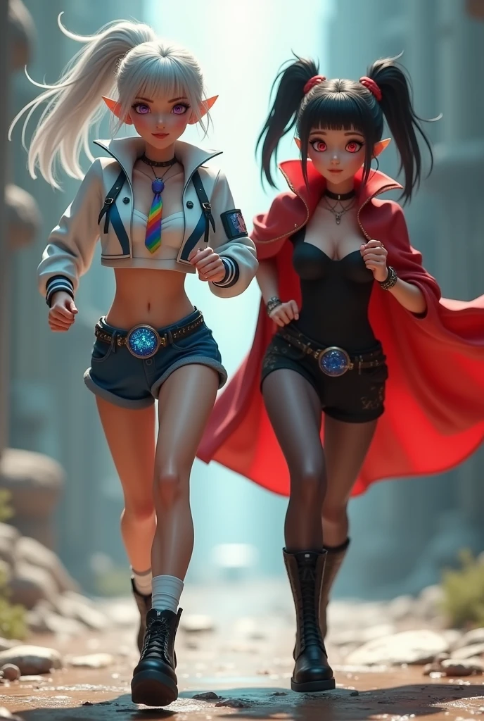 Super realistic illustration, Detailed Fantasy art, Cinema 4D rendering. 2 cute ladies, full body, They are running toward the camera, smile. (left lady is 172cm tall, purple eyes, ponytail silver hair, bangs, wearing white and blue long sleeve short flight jacket over white sleeveless collared crop top, rainbow tie, breasts, earrings, rainbow reflection goggles on head, midriff, low rise shorts, high cut shorts, groin groove, waist belt with shining blue stone buckle, thighs, translucent black pantyhose, lace-up military short boots). (right lady is shorter tall, black hair, short ponytail with red ribbons, red eyes, beautiful eyes, pointy ears, vampire fang, black sundress with red cloak, high leather boots). sharp focus