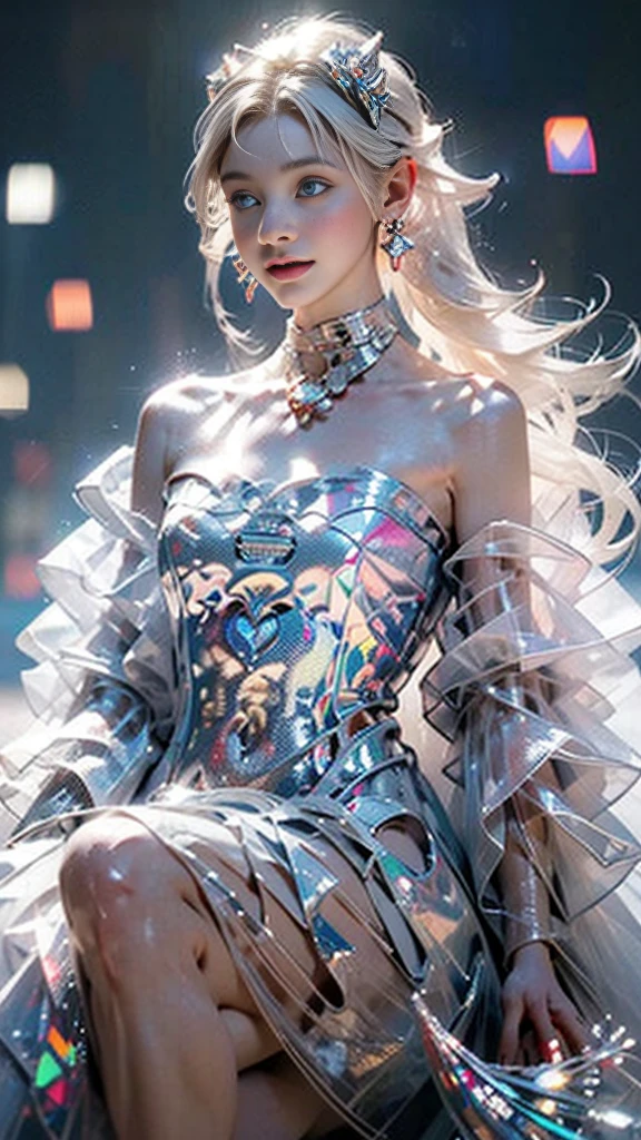 (Digital art, fractal art, official art, beautiful and aesthetic, ultra detailed, beautiful, masterpiece, best quality:1.8), (1girl:1.2), face, Detailed face, Detailed eyes, Detailed hair, Detailed fingers, five fingers,
_ BREAK (kaleidoscope:1.6),
(angular kaleidoscope all pattern White dress:1.6),
(inside white kaleidoscope:1.55),(angular,Prism:2.0),
(strong prism light reflected on kaleidoscope:2.0),
BREAK cute ig model, Japanese cute model, 22 years old, medium large breasts, slender waist, toned arms, toned thighs, medium Buttocks, small head, small face, small mouth, diamond Face, small nose, Sharp Faceline, smile,Teeth, (dropy eyes, Double eyelid, Light color eyes, Moist eyes, Shiny eyes:1.2), Shiny hair, Shiny skin,
_
(smile, Teeth:1.3),(sitting:1.2), from front, lock at viewer,
_