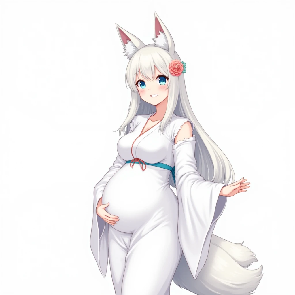 (full body:1.3), fox tail, fox girl, silver hair, purple eyes, pregnant, hair censor, bare thighs, bare legs, bare foot, lace, transparent, translucent, standing, looking at viewer,
