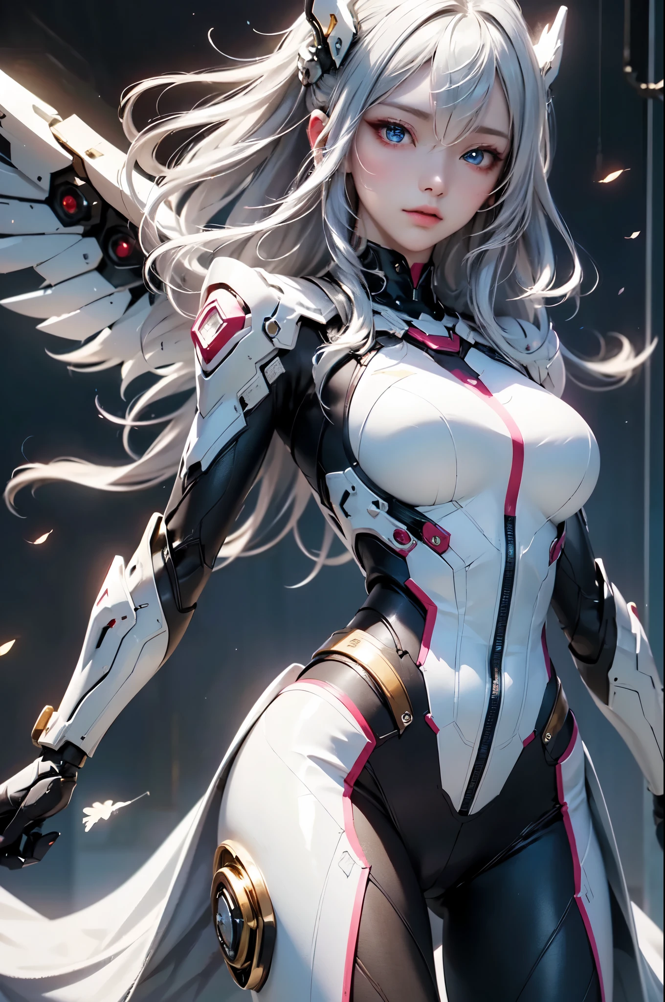 2.8D illustration, masterpiece, (highest quality: 1.2), (super fine: 1.2), figure, (very delicate and beautiful: 1.2), film angle, floating, (beautiful detail eyes: 1.1), (detail light: 1.1), film light, delicate sky, fantasy, sci-fi battlefield, 1girl, white hair, mechanical hair ornament, headgear, mechanical suit, Deep Blue Eyes, medium breasts, shiny skin, mechanical wing, float in the sky, fly in the sky, cloud, Light particles.
