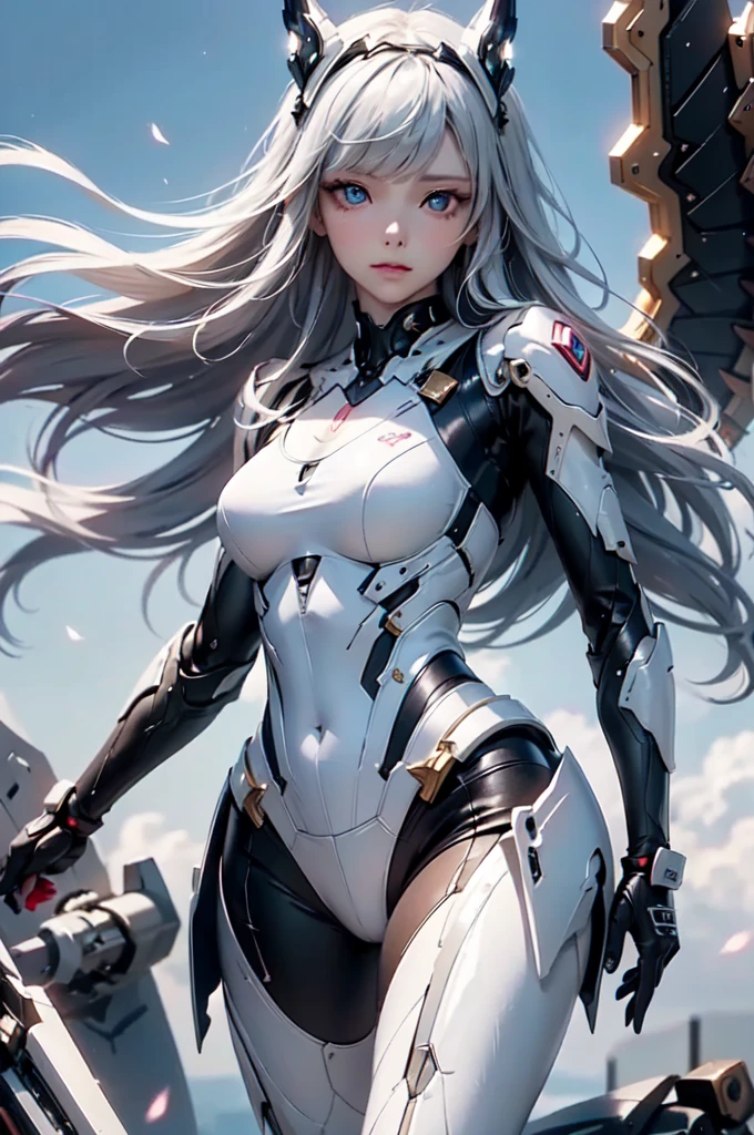 2.8D illustration, masterpiece, (highest quality: 1.2), (super fine: 1.2), figure, (very delicate and beautiful: 1.2), film angle, floating, (beautiful detail eyes: 1.1), (detail light: 1.1), film light, delicate sky, fantasy, sci-fi battlefield, 1girl, white hair, mechanical hair ornament, headgear, mechanical suit, Deep Blue Eyes, medium breasts, shiny skin, mechanical wing, float in the sky, fly in the sky, cloud, Light particles.
