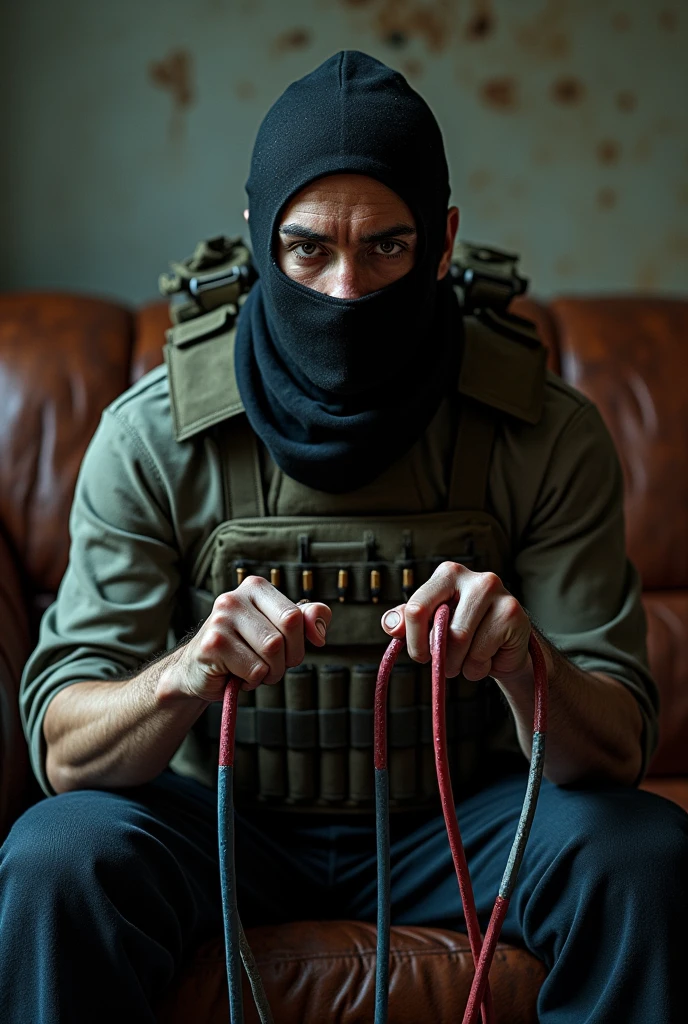 Hyper-realistic portrait of a militant figure on a weathered leather couch, tactical vest laden with 5.56mm rounds, matte-black balaclava revealing penetrating eyes. Hands tensely gripping stripped red and blue detonator wires, ambient lighting casting dramatic shadows.