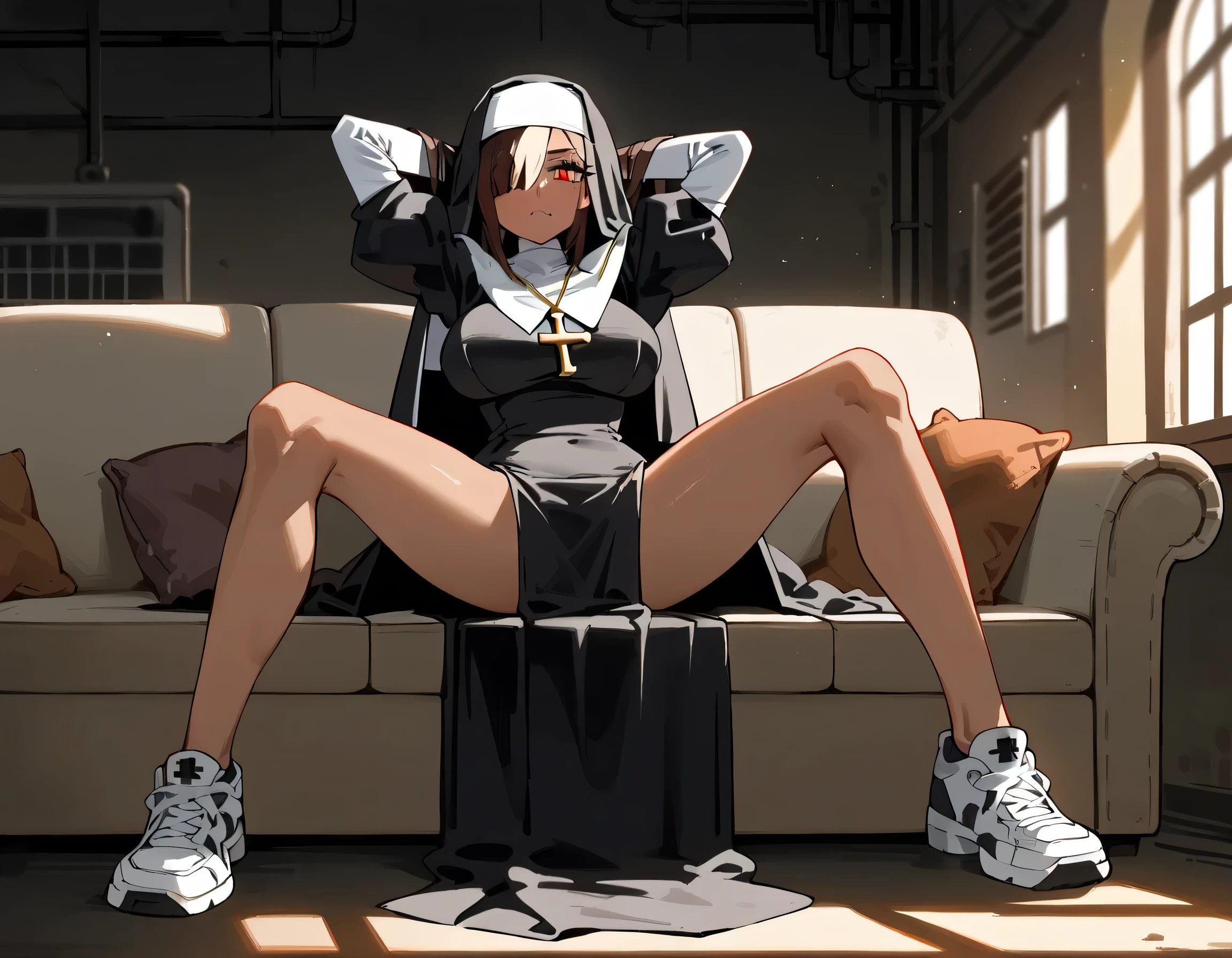 masterpiece, 4k, details, extreme details, high resolution , skullgirl art style , 1 woman , brown skin , white long hair, red eyes, hair cover one eye , mischievous face , nun costume , large breasts , leg slit dress , long legs , sneakers , hands behind head , set on sofa , spread legs , abandoned factory 