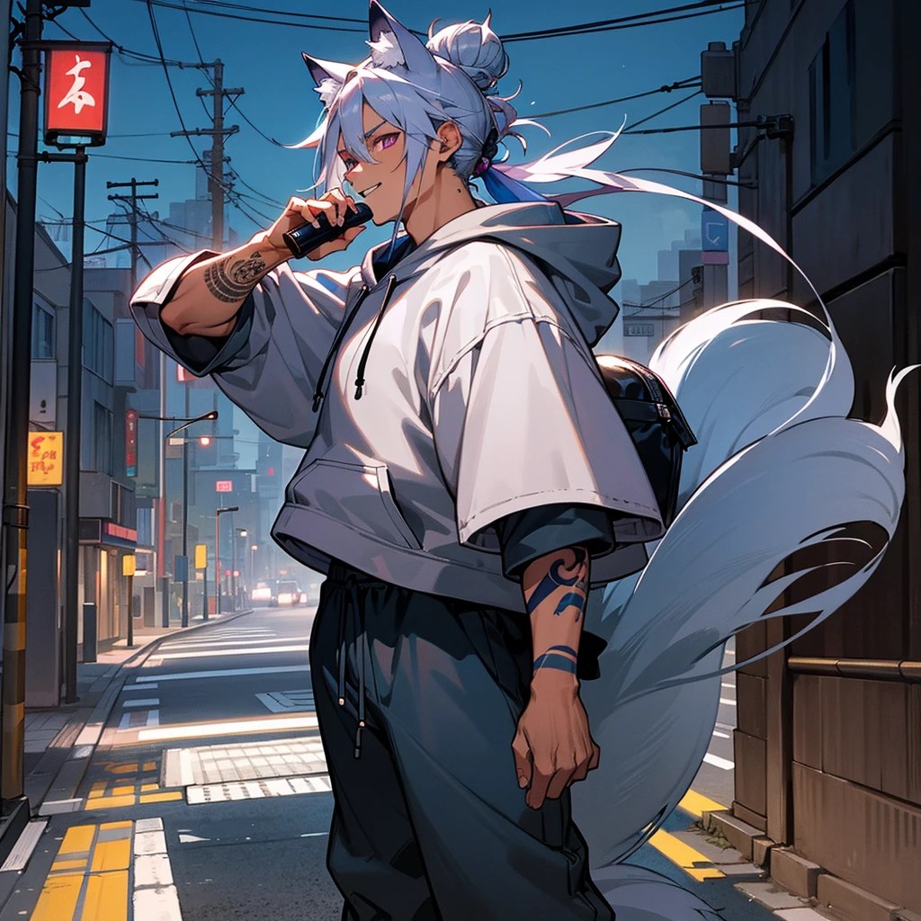 1male, young adult, dark skin, finely detailed plum eyes, messy top bun, wild long hair, grey hair color with blue highlights, designer hoodie, baggy pants, standing on street, night time, tokyo streets, excited expression, muscular, tattoos, holding soda In hand, wolf ears, wolf tail, baseball cap