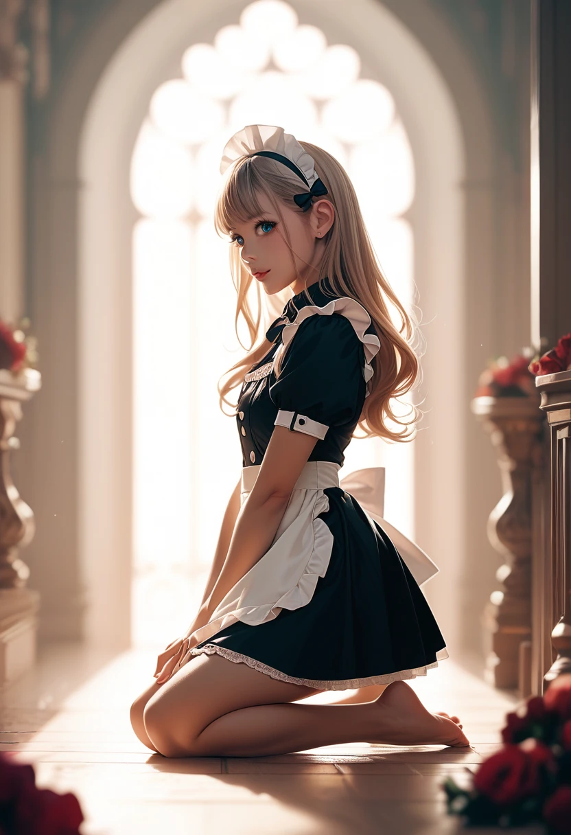 Long-haired black ****,  wearing a maid's uniform, Kneeling, Legs and five fingers, more meat, cute two-dimensional, HD backlit background  