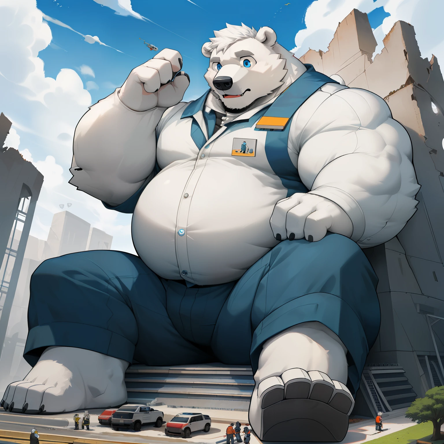 masterpiece, best quality , 8k resolution , very detailed , hairy,(((polar bear)),(((reif))),(((bart))),(((Fat))),((( white hair all over body))),(((portrait))),((( white hair))),((( toy factory ))), For the audience ,(((workwear))),(((Conveyor ))),(((surprised))), scenes of the highest quality ,((( whole body ))),((( blue eyes))),((( working while sitting ))),((( fat enclosed muscle ))),(((round face))),(((Alone))),(((strong body))),(((Hip bulge))), (massiv:3.0,large (, heavyweight,stark,Macro, emphasize the huge size, Stepping on the ruins ))