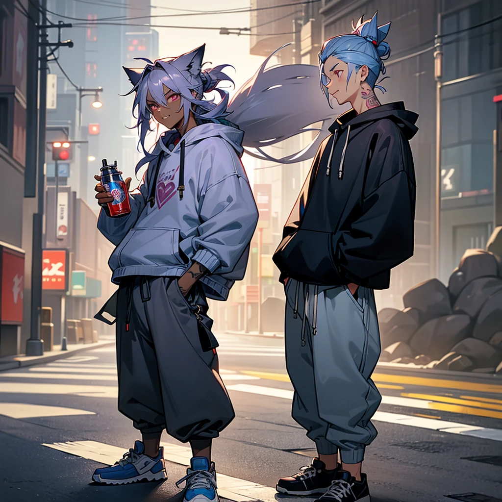 1male, young adult, dark skin, finely detailed plum eyes, messy top bun, wild long hair, grey hair color with blue highlights, designer hoodie, baggy pants, standing on street, night time, tokyo streets, excited expression, muscular, tattoos, holding soda In hand, wolf ears, wolf tail, backwards baseball cap