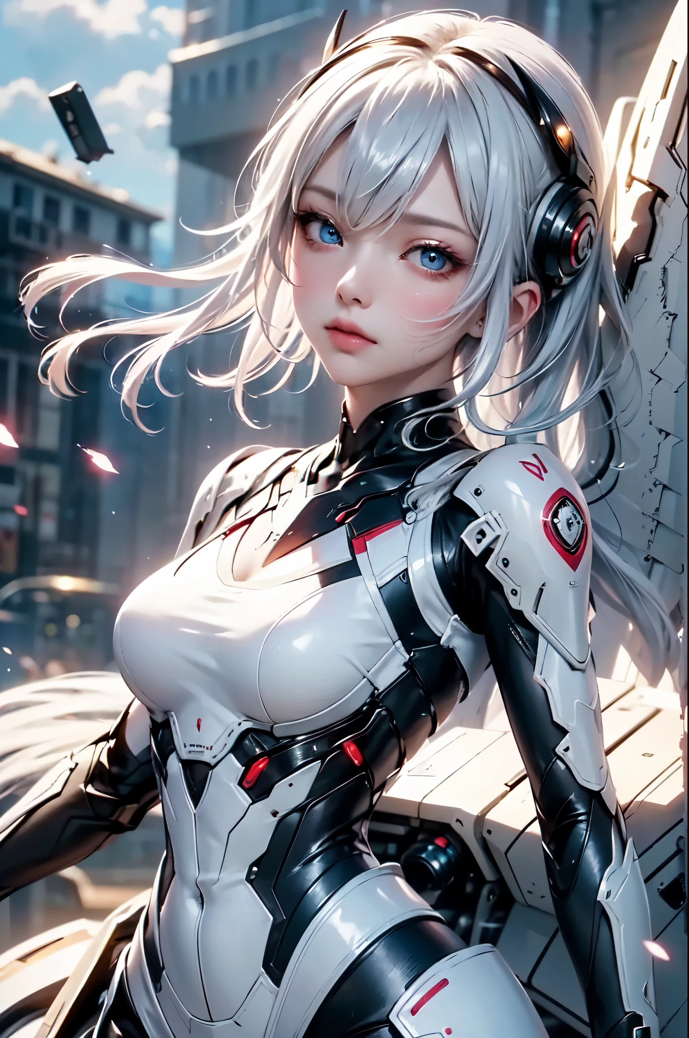 2.8D illustration, masterpiece, (highest quality: 1.2), (super fine: 1.2), figure, (very delicate and beautiful: 1.2), film angle, floating, (beautiful detail eyes: 1.1), (detail light: 1.1), film light, delicate sky, fantasy, sci-fi battlefield, 1girl, white hair, mechanical hair ornament, headgear, mechanical suit, Deep Blue Eyes, medium breasts, shiny skin, mechanical wing, float in the sky, fly in the sky, cloud, Light particles.
