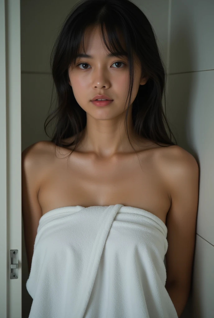 a young  thai girl showering in the school bathroom, wrapped in a wet white towel, closing the door, feeling ashamed and embarrassed, extremely detailed, realistic, photo, 8k, photorealistic, high quality, professional photography, soft lighting, natural skin tones, intricate details, beautiful skin, beautiful eyes, beautiful lips, detailed facial features, beautiful hair, dramatic lighting, moody atmosphere, cinematic composition, masterpiece