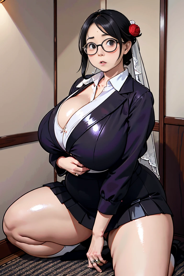  Japanese mature 50 year old woman , round face、Black Hair, blouse, Knee-length skirt, Big Breasts, Voluptuous, Glasses、 purple lingerie 、 crouching and opening her legs wide 、 underwear is visible、Wedding Rings、Troubled face、Red cheeks、Oiled skin 、 shiny skin、 facing the viewer 、living、