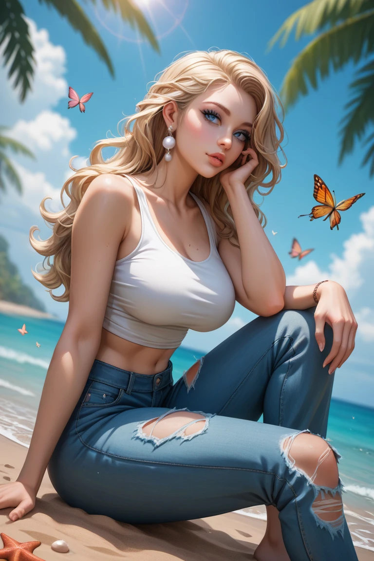 nsfw,(((masterpiece))), Best Quality, 1girl, Beautiful woman, very detailed, curvy, Cute and lively, ivory skin, long flowing blond hair, 、
Blue Eyes, warm peach lips lips, light peach eyeshadow、(Oil skin:1.1) 、small pearl earrings、(ass:1.0、Breasts:1.0)、strappy white tank top, worn loose(torn and weathered), soft indigo beach pants, worn loose, (torn and weathered), Barefoot、One knee slightly bent, exuding a relaxed, confident stance, (On the sand),、deserted tropical island, soft fog, 、(Focus on her breasts), (wide shot)、Birds fly across the warm sunset sky, butterflies flutter in the background, and shells and starfish are scattered across the sand.、35mm, (romantic:2.0、erotic:0.5、), bokeh, depth of field, reflection right, focus on breasts, from front, from below