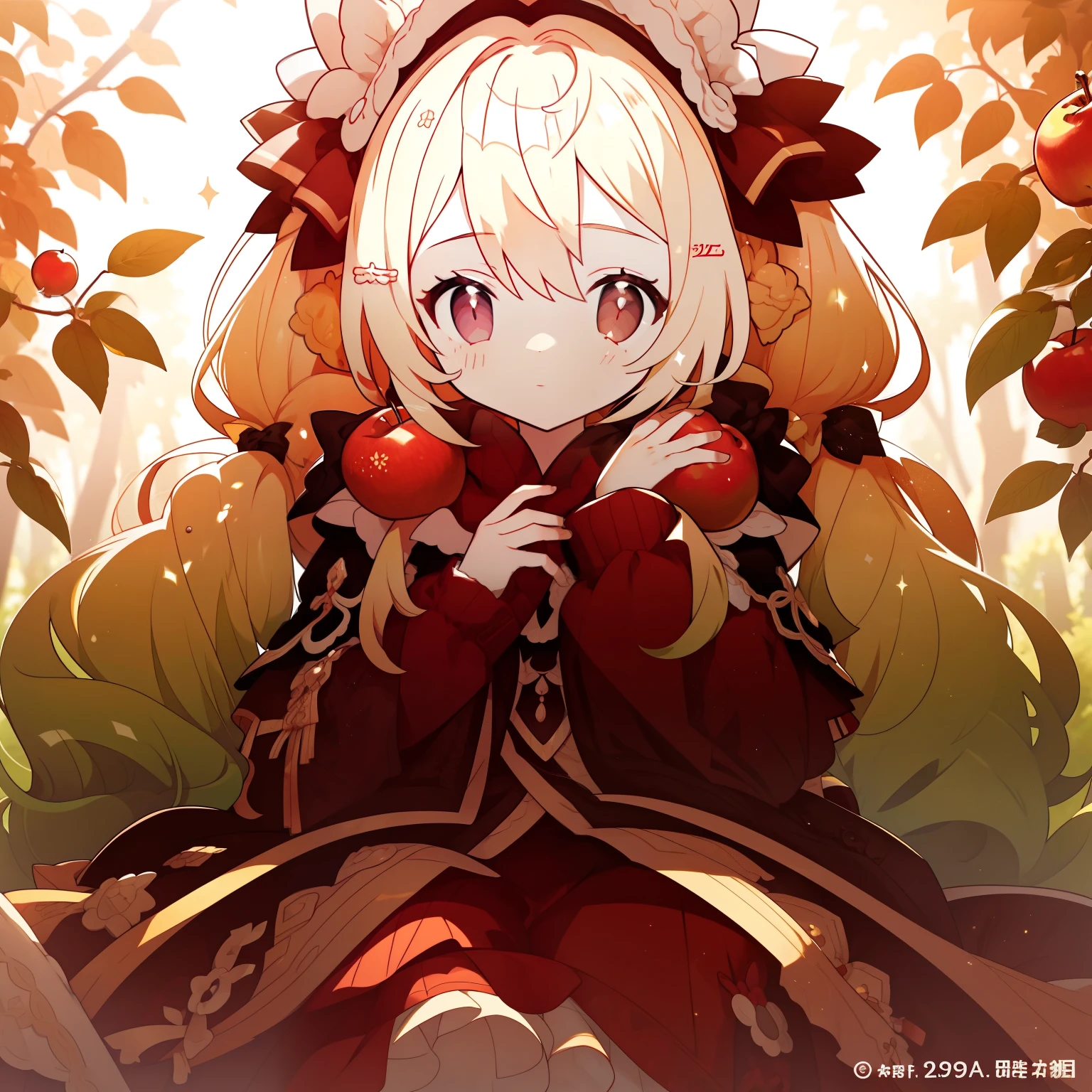 warm sunlight filtering through the trees girl Take a young apple from a tree Overreaching fluffy twin tails with a red ribbon wavy blonde curiosity green