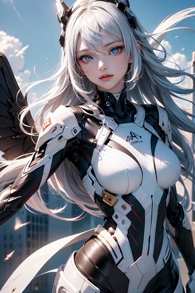 2.8D illustration, masterpiece, (highest quality: 1.2), (super fine: 1.2), figure, (very delicate and beautiful: 1.2), film angle, floating, (beautiful detail eyes: 1.1), (detail light: 1.1), film light, delicate sky, fantasy, sci-fi battlefield, 1girl, white hair, mechanical hair ornament, headgear, mechanical suit, Deep Blue Eyes, medium breasts, shiny skin, mechanical wing, ((float in the sky:1.5, fly in the sky:1.4)), cloud, Light particles.
