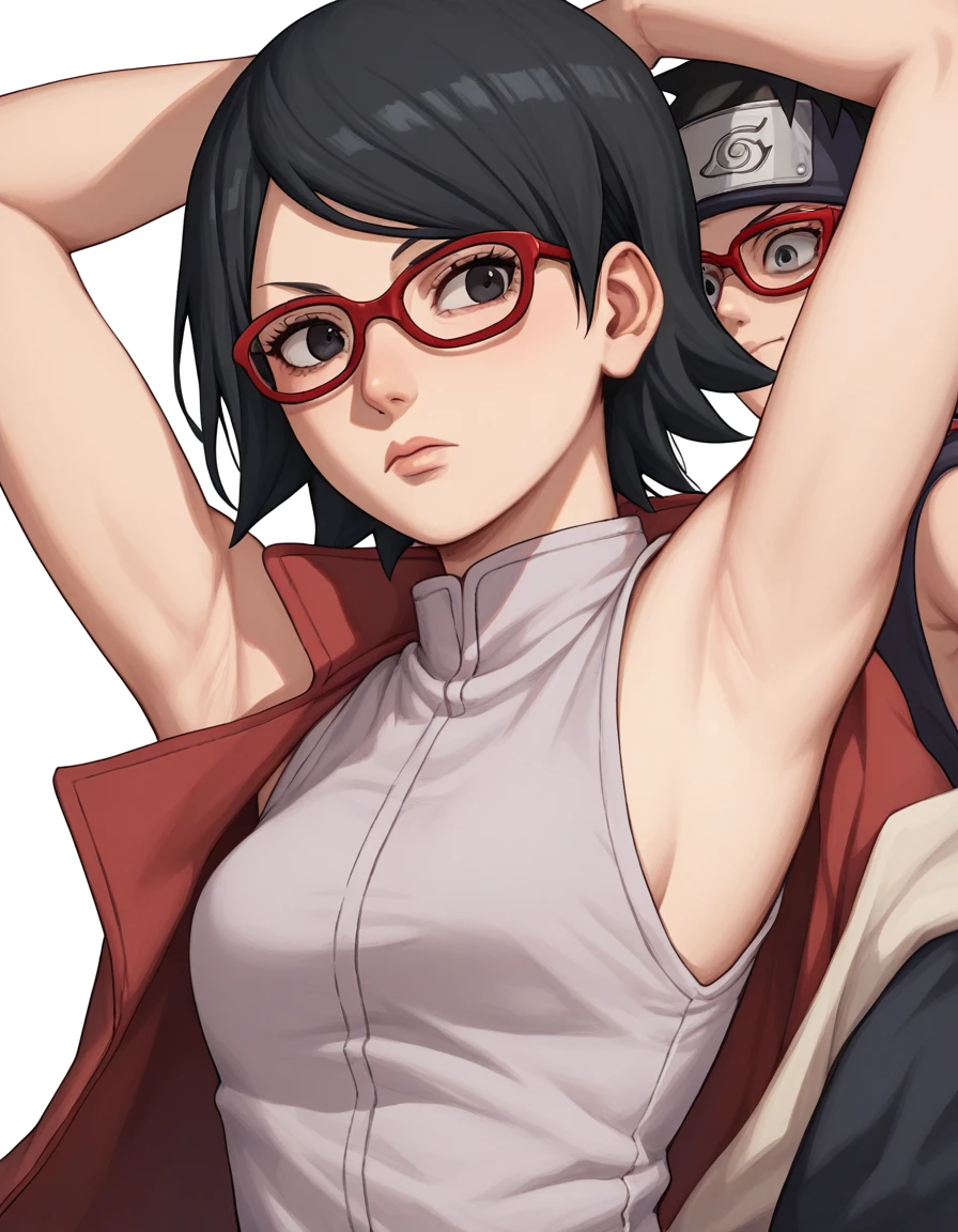 (anime art style:1.1):sarada uchiha, short hair, black hair, black eyes, red-framed eyewear, glasses, swept bangs,,(Armpit:1.3)，(スチーム，スチームimg:1.1)， 赤いドレス,