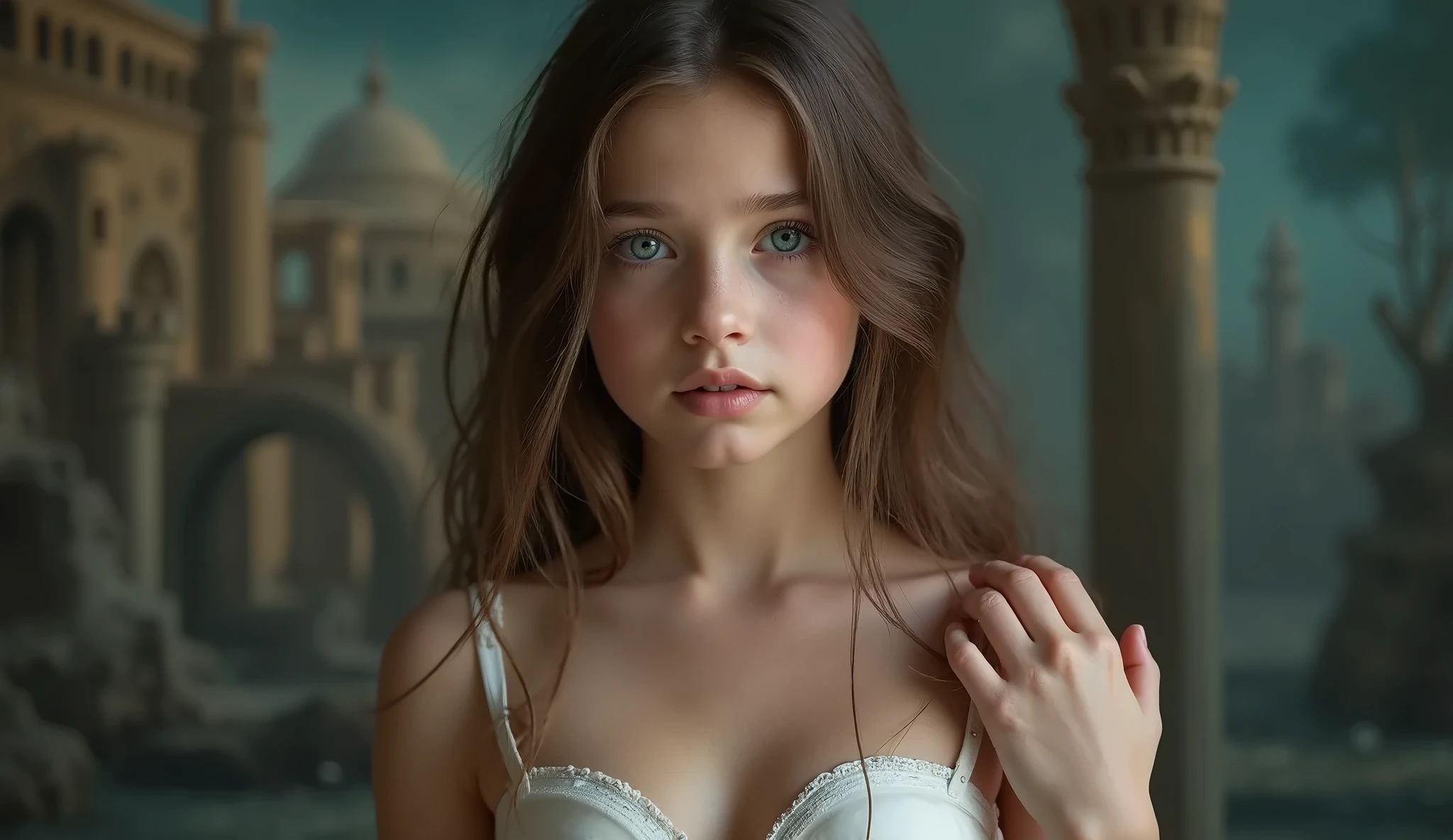 Full body shot of a young girl at the age of 13 with long brown hair, ice blue eyes, with seductive, sensual expressions looking at the spectator. gripping breast, revealing the naked body, the girl gently is touching her nude, naked body with pleasure,(naked, nude, without clothes, no bra:1.4) highly detailed face, beautiful eyes, realistic, photorealistic, 8k, best quality, masterpiece, detailed background, futuristic magical castle, fantasy landscape, dramatic lighting, cinematic, vibrant colors
