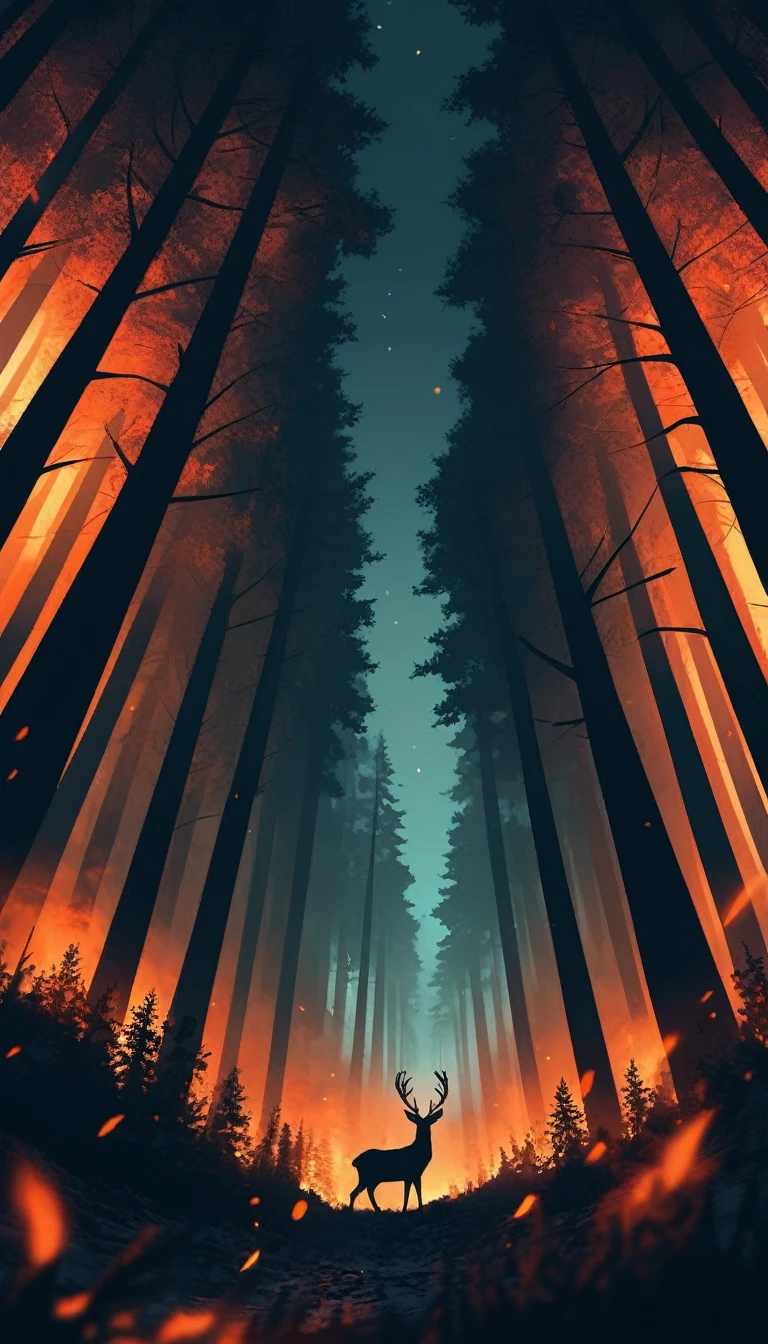 score_9, score_8_up, score_7_up, score_6_up, low angle, anime, no human, a deer, forest, night, forest on fire, smokey environment, blurry, ember,