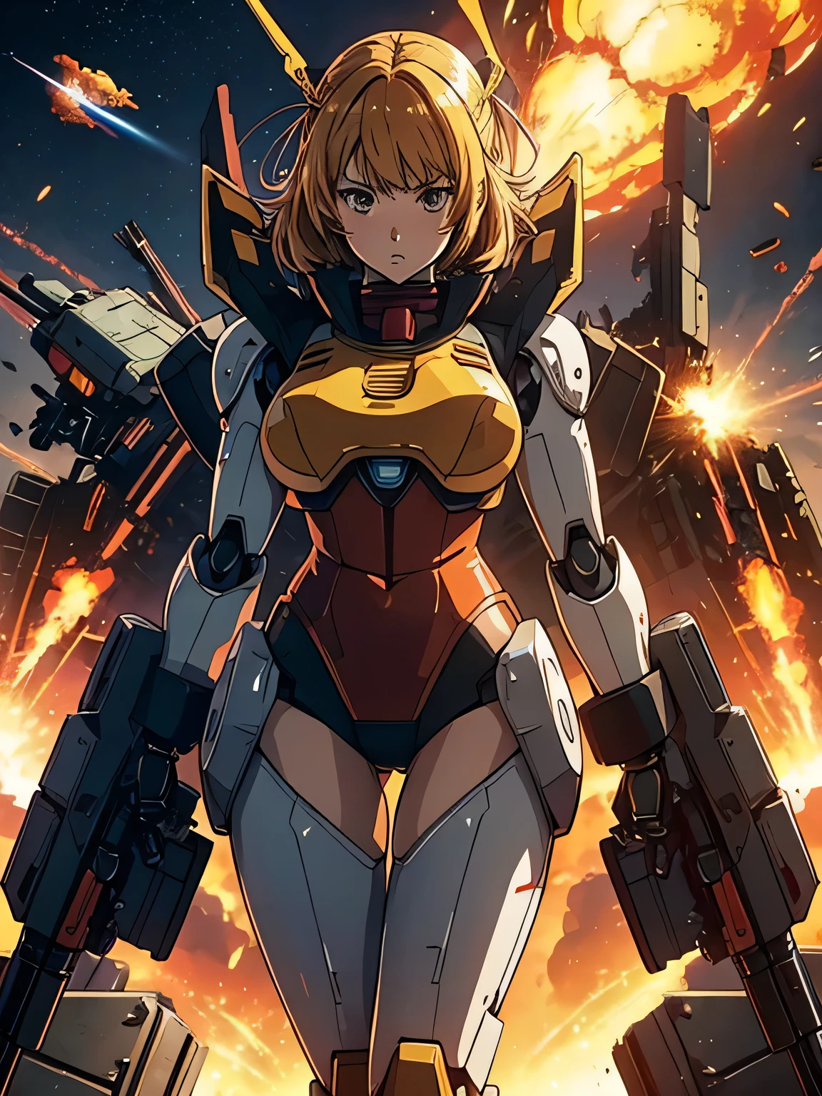 anime、High image quality、 high resolution on down、(((Giant chick robot )))、Round shape、It's not Gundam style、 destroying the city 、 3 fighter jets are attacking the chick robot、Explosive Flame、blast、Collapsing building 、