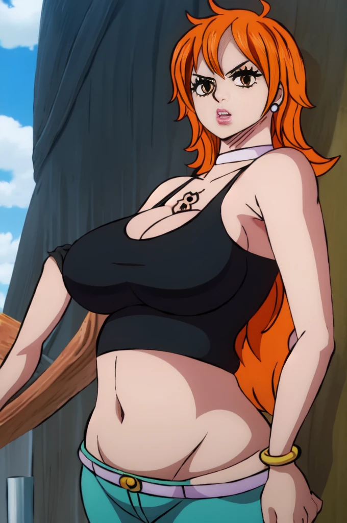 Nami from one piece naked orange hair, brown eyes, naked , huge breast, small nibbles, thic hips, wide hips, pussy , perfect waist, sexy pussy on bed showing her back side