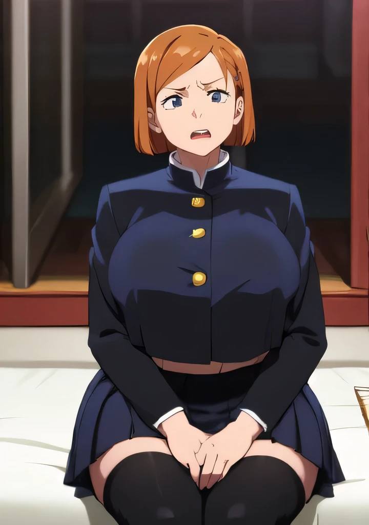 (masterpiece,Best Quality),1 girl,big belly,blurry background,round belly,chubby,curvy,thunder thighs,thick thighs,short hair,brown hair,torn shirt,skirt,thigh length,simple_background,gradation_background,distended belly,(((black school uniform))),long sleeve,software,safe for work,sitting on bed,software (safe for work),Kugisaki Nobara ,