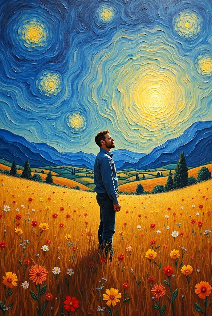 A breathtaking landscape painting in the style of Van Gogh, with swirling brushstrokes, vibrant colors, and a serene countryside scene, 1 man standing in a field, beautiful detailed eyes, beautiful detailed lips, extremely detailed face, longeyes, dramatic lighting, dramatic shadows, dramatic colors, (best quality,4k,8k,highres,masterpiece:1.2),ultra-detailed,(realistic,photorealistic,photo-realistic:1.37),oil painting,impressionism,expressionism,studio lighting,vivid colors,intricate details