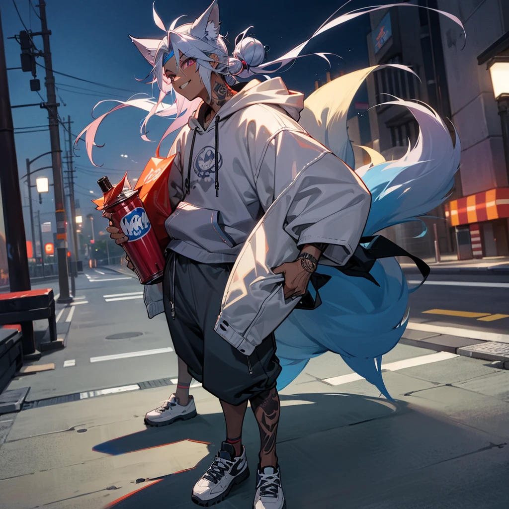 1male, young adult, dark skin, finely detailed plum eyes, messy top bun, wild long hair, grey hair color with blue highlights, designer hoodie, baggy pants, standing on street, night time, tokyo streets, excited expression, muscular, tattoos, holding soda In hand, wolf ears, wolf tail, baseball cap