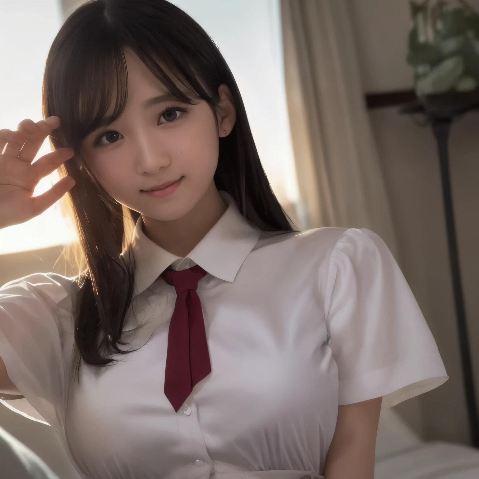 ulzzang-6500-v1.1, (Raw photo:1.2), (Photorealistic:1.4), Beautiful detailed girl, Very detailed eyes and face, Beautiful detailed eyes, Huge file size, (Big), High Resolution, Very detailed, Best quality, [Masterpiece:1.6], [JK Uniform], Illustration, Very detailed, CG, Fine detail, Best quality, Highly detailed CG uniform 8k wallpaper, movie lighting, 1 girl, ************, cute Japan high school girl, perfect figure, [unbuttoned white school blouse], large taut breasts, [huge breasts, heavy breasts: 1.6], cute droopy eyes, beautiful big eyes, white school blouse, see-through bra, sweaty and wet, [sexual arousal: 1.1], [Sexual arousal: 1.1] Lying in bed: 1.5], hands raised, school uniform ribbon around the neck, smile, (the whole body is wet), shining eyes