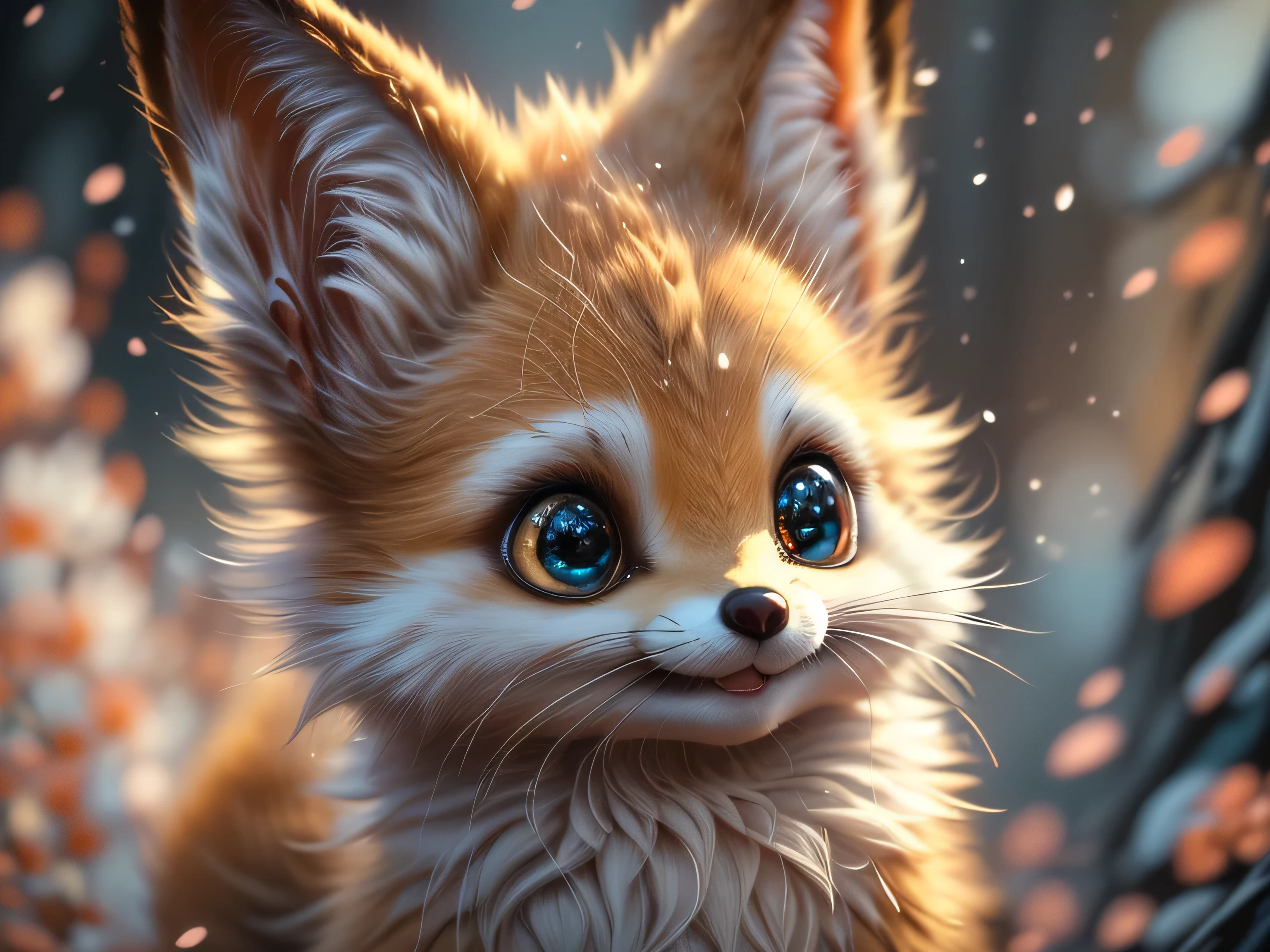 Magical Fantasy Creature, (Best Quality, Masterpiece, Representative Work, Official Art, Professional, Ultra Fine Detail, 8k:1.3), (Photorealism:1.2), Fox Spirit, Super Cute, Big Eyes, Soft, Delicate Nose, Fluffy, Two-Toothed Smile, Cute Fennec Fox Ghost, Realistic, Beautiful, Sparkling, Stars in Eyes, Star Pearl, Fox Lights, Soft Volumetric Light, (Backlight:1.3), (Cinematic:1.2), Intricate Details, (ArtStation:1.3), --auto --s2