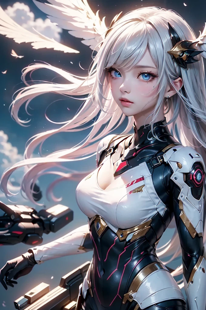 2.8D illustration, masterpiece, (highest quality: 1.2), (super fine: 1.2), figure, (very delicate and beautiful: 1.2), film angle, floating, (beautiful detail eyes: 1.1), (detail light: 1.1), film light, delicate sky, fantasy, sci-fi battlefield, 1girl, white hair, mechanical hair ornament, headgear, mechanical suit, Deep Blue Eyes, medium breasts, shiny skin, mechanical wing, ((float in the sky:1.5, fly in the sky:1.4)), cloud, Light particles.
