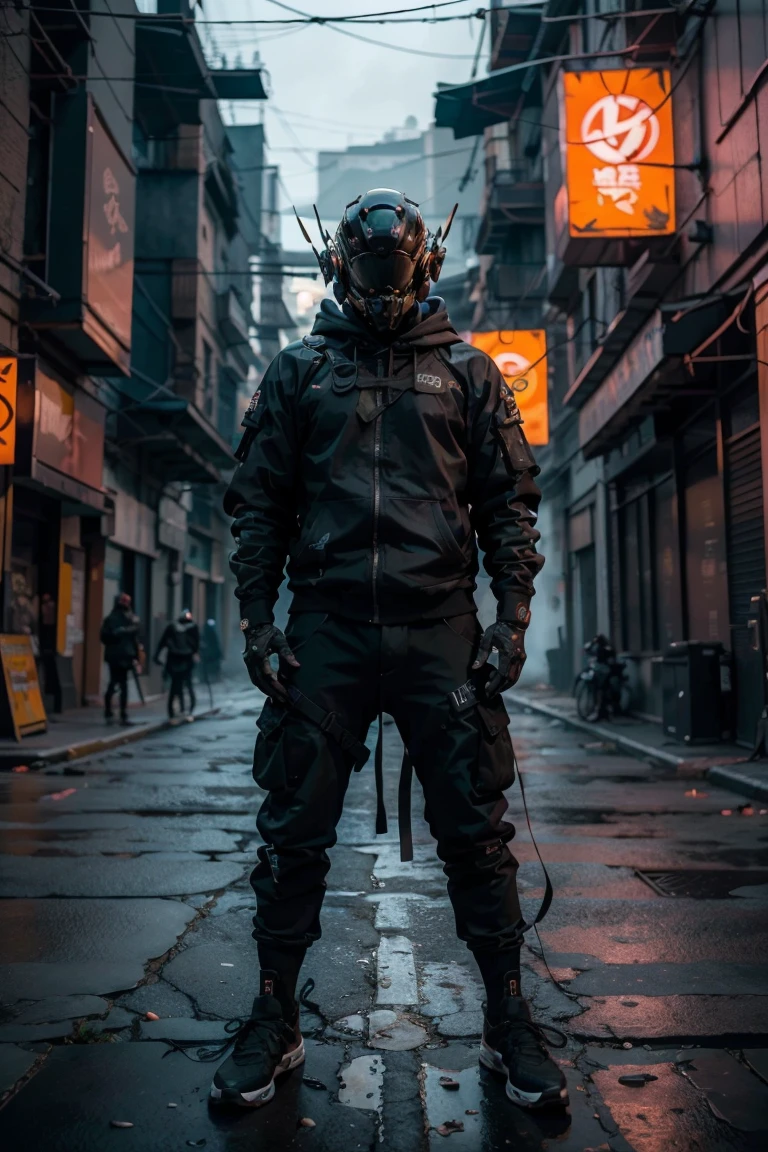 (obra maestra, plano de cuerpo completo, Intricate raw photography)Ciudadano cyberpunk, Oversized extra asymmetrical black hoodie, pantalones cargo negros, ropa negra, oscura, tactical gloves, el lleva puesto un cyberhelmet futurista color negro de alta tecnologia, brillante, algo parecido a daftpunk,  muy intrincado, Small LED details, Advanced technology closed helmet, ambiente oscuro, dramatico, luz y sombra, ((Kinematic, Black neon,))  action film, nitidez, neon-noir ciudad moderna, street neon lights, calle oscura, noche, foto de Insta, Photo of the Year, Epic resolution, Epic Quality, Epic sharpness, Intrincada epopeya,urban techwear,Reelmech, Holding Red and black Sniper:1.4