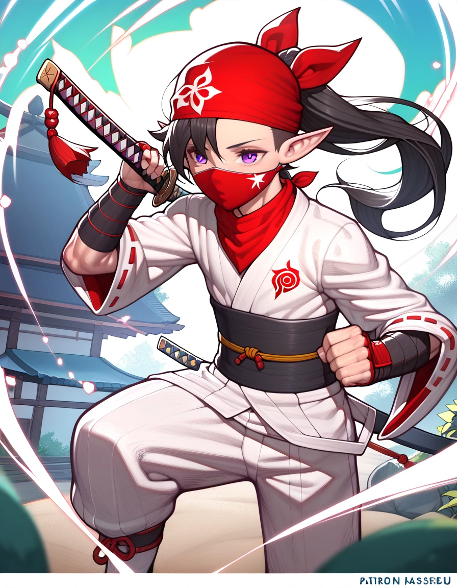 masterpiece, highest_quality, ultra_detailed, 1_boy_focus, boy is (japanese_young_boy, 15_years_old, elf_ears, asura, purple_eyes, (black_hair, high_short_ponytail, bandana):1.5, thin_body, flat_chest, five_fingers, samurai_costume, holding_a_samurai_sword_in_the_right_hand, samurai_armor, katana) on center, full_of_details, detailed_face, dynamic_angle, fighting_pose, dynamic_perspective